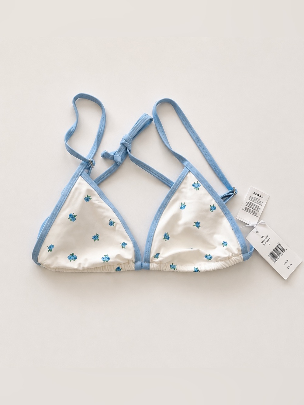 We Wore What Cooper Bikini Top Size SP Blue Floral Ivory Triangle Beach Tropical